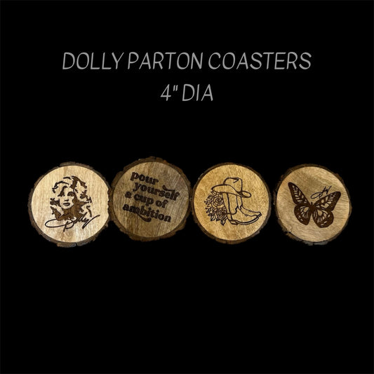Mango wood coaster set of four with dolly parton image, dolly parton butterfly, boots and cowgirl hat and song lyrics laser etched