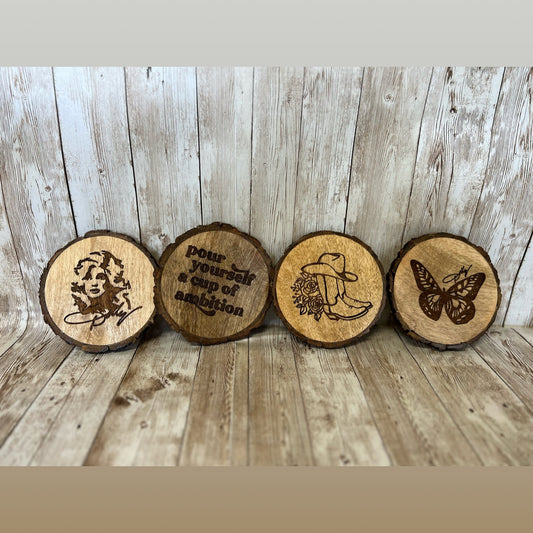 Dolly Parton sayings and images etched in 4 wooden coasters