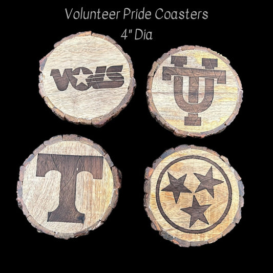 Mango Wood Coaster Set of 4 with Volunteer pride logo laser etched on each