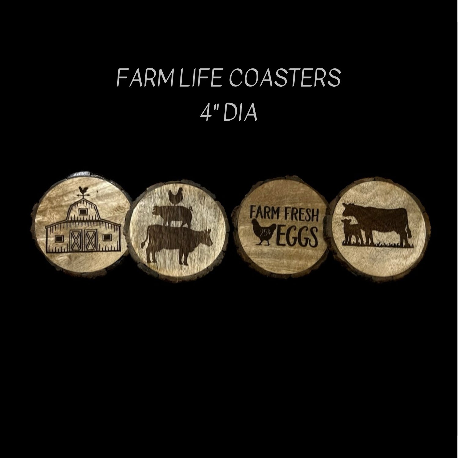 Set of four Mango Wood Coasters with barn, farm animals and Farm Fresh Eggs laser engraved 