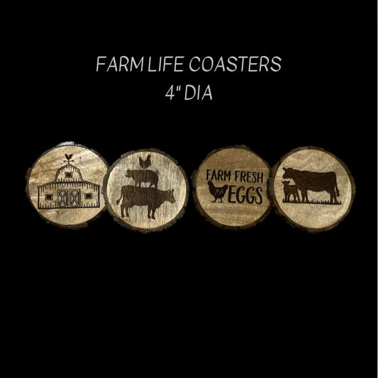 Set of four Mango Wood Coasters with barn, farm animals and Farm Fresh Eggs laser engraved 