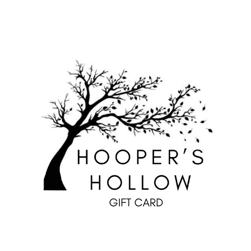Hooper's Hollow gift card featuring a black and white illustration of a tree with blowing leaves. 
